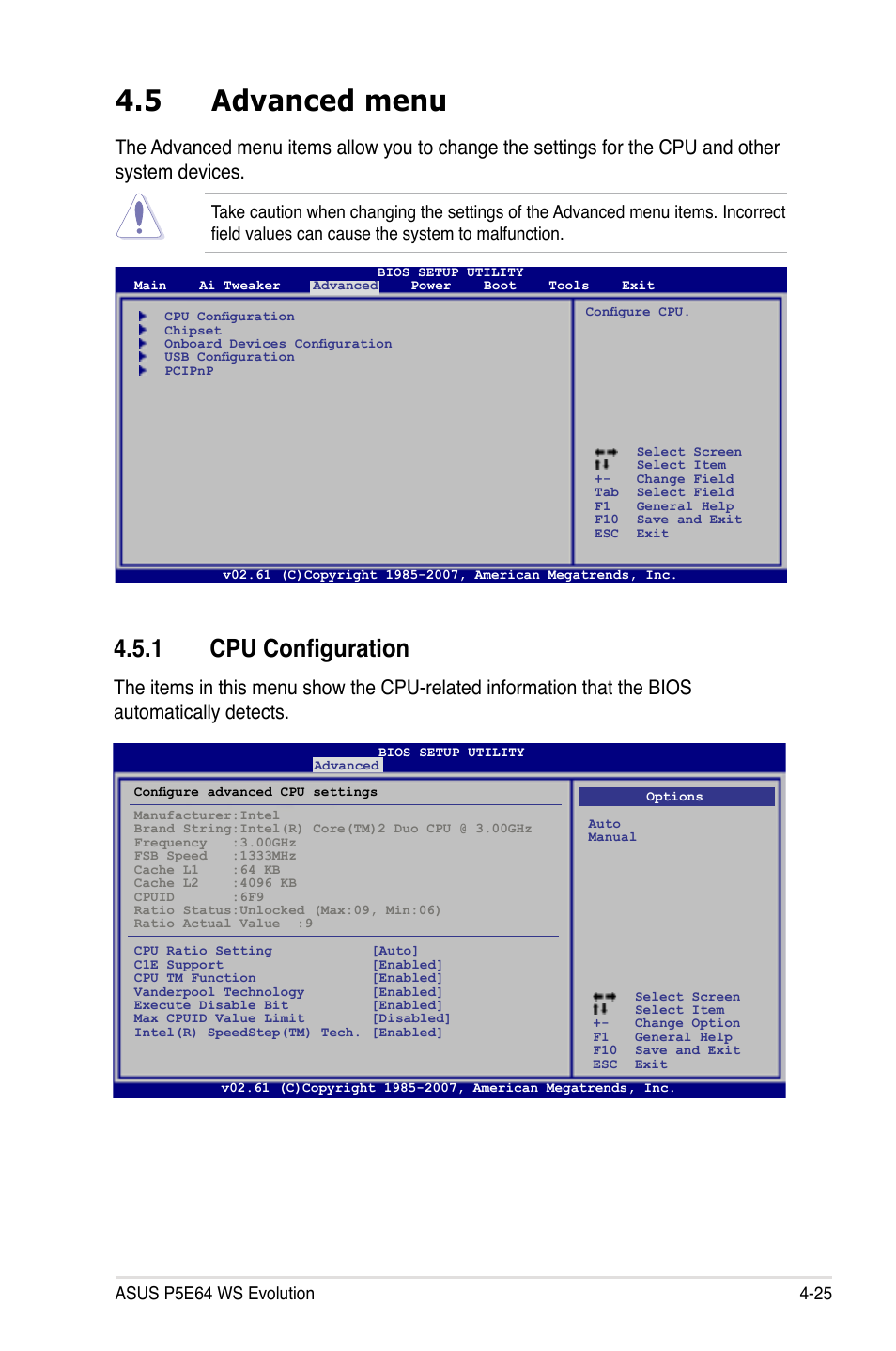 5 advanced menu, 1 cpu configuration, Advanced menu -25 | Cpu configuration -25 | Asus EVOLUTION P5E64 WS User Manual | Page 95 / 180