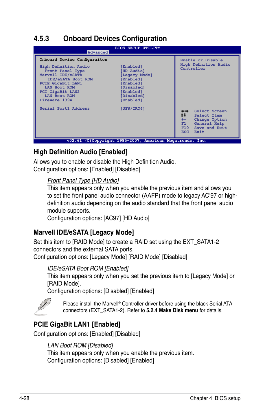 3 onboard devices configuration, Onboard devices configuration -28, High definition audio [enabled | Marvell ide/esata [legacy mode, Pcie gigabit lan1 [enabled | Asus EVOLUTION P5E64 WS User Manual | Page 98 / 180