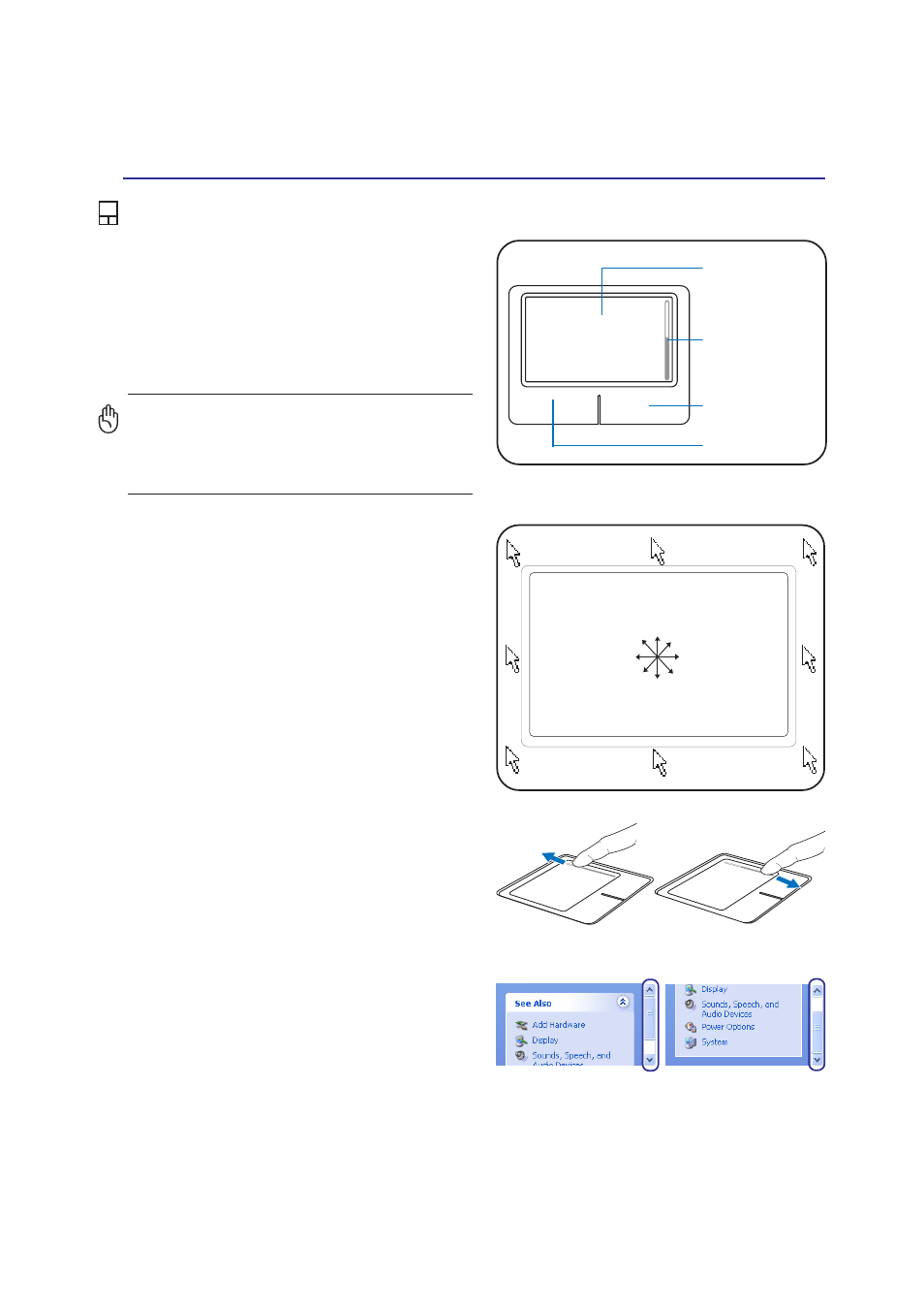 Pointing device, Using the touchpad, Scroll down scroll up | Asus Notebook PC Hardware User Manual | Page 35 / 76