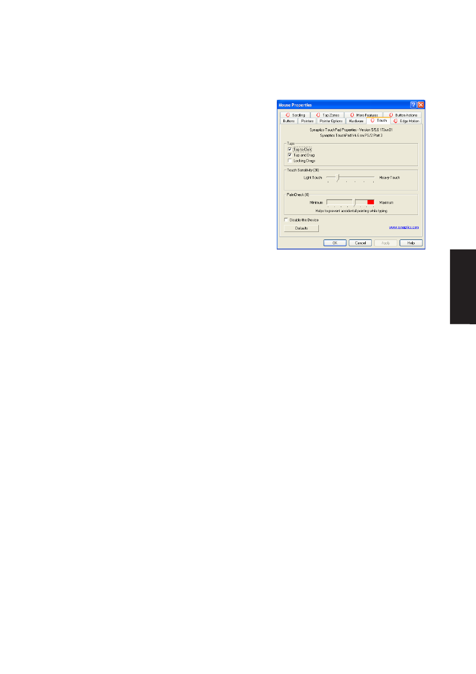 Taps, Touch sensitivity, Palm check | Touch properties page | Asus A4D User Manual | Page 87 / 102