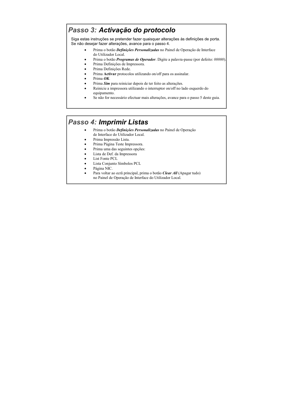 Passo 3, Activação do protocolo, Passo 4 | Imprimir listas | Xerox WorkCentre C226-17905 User Manual | Page 12 / 18