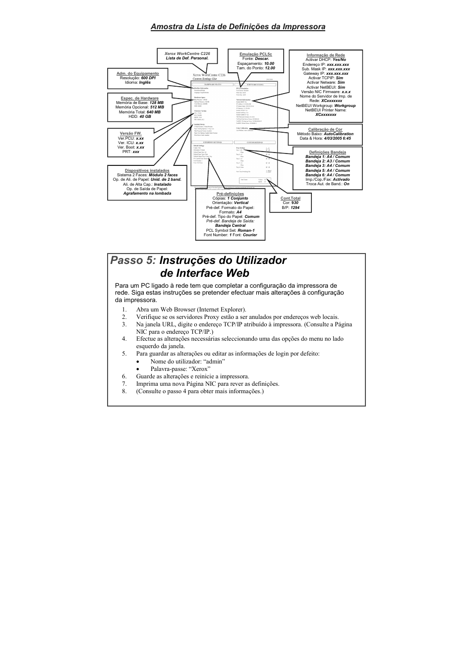 Passo 5, Instruções do utilizador de interface web, Amostra da lista de definições da impressora | Xerox WorkCentre C226-17905 User Manual | Page 13 / 18