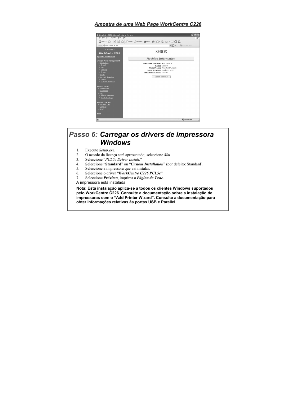 Passo 6, Carregar os drivers de impressora windows | Xerox WorkCentre C226-17905 User Manual | Page 14 / 18