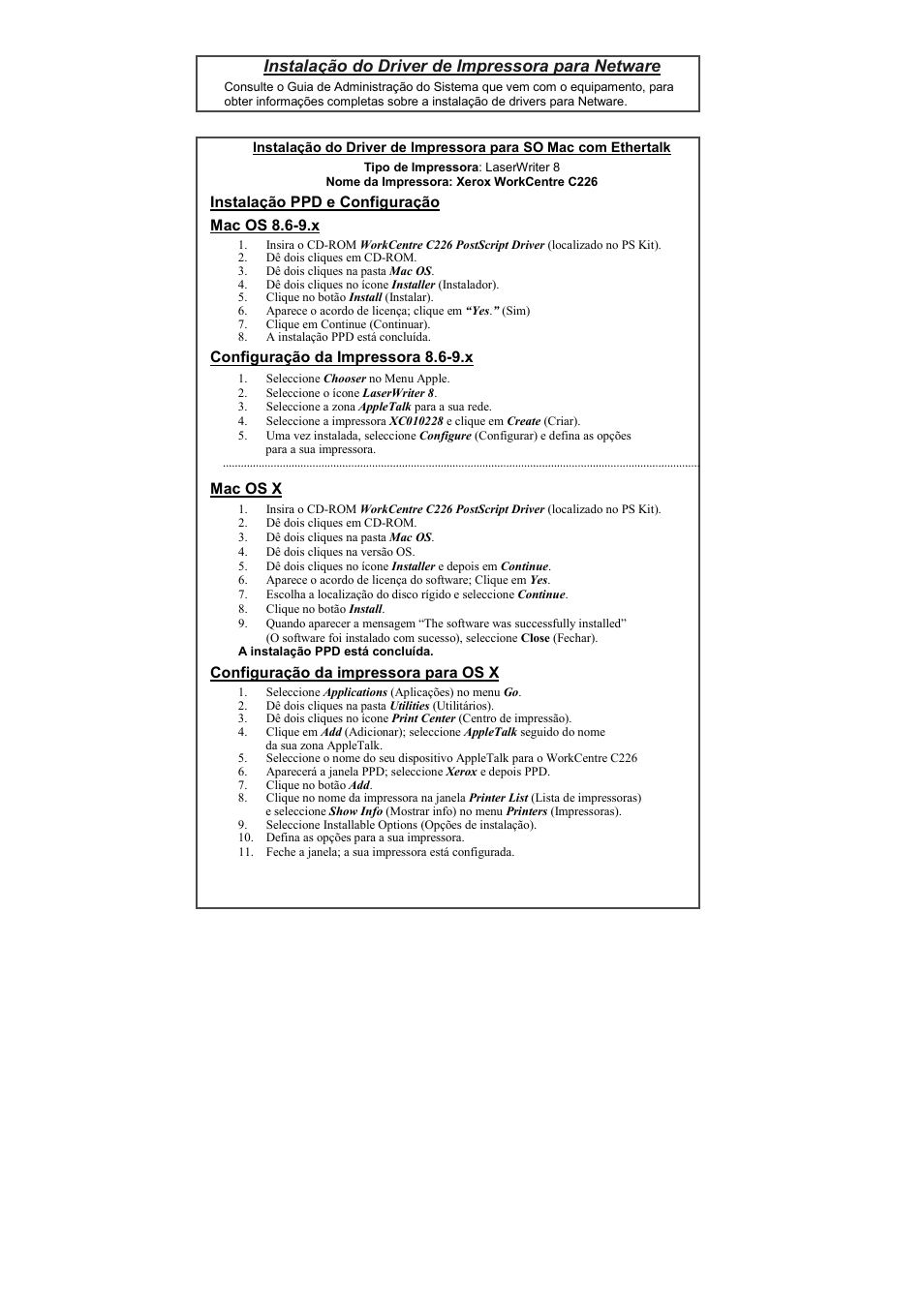 Instalação do driver de impressora para netware | Xerox WorkCentre C226-17905 User Manual | Page 15 / 18