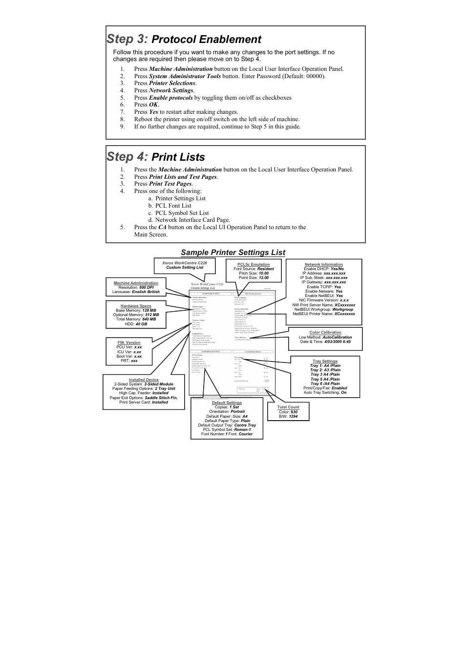 Step 3, Step 4, Protocol enablement | Print lists, Sample printer settings list | Xerox WorkCentre C226-17905 User Manual | Page 2 / 18