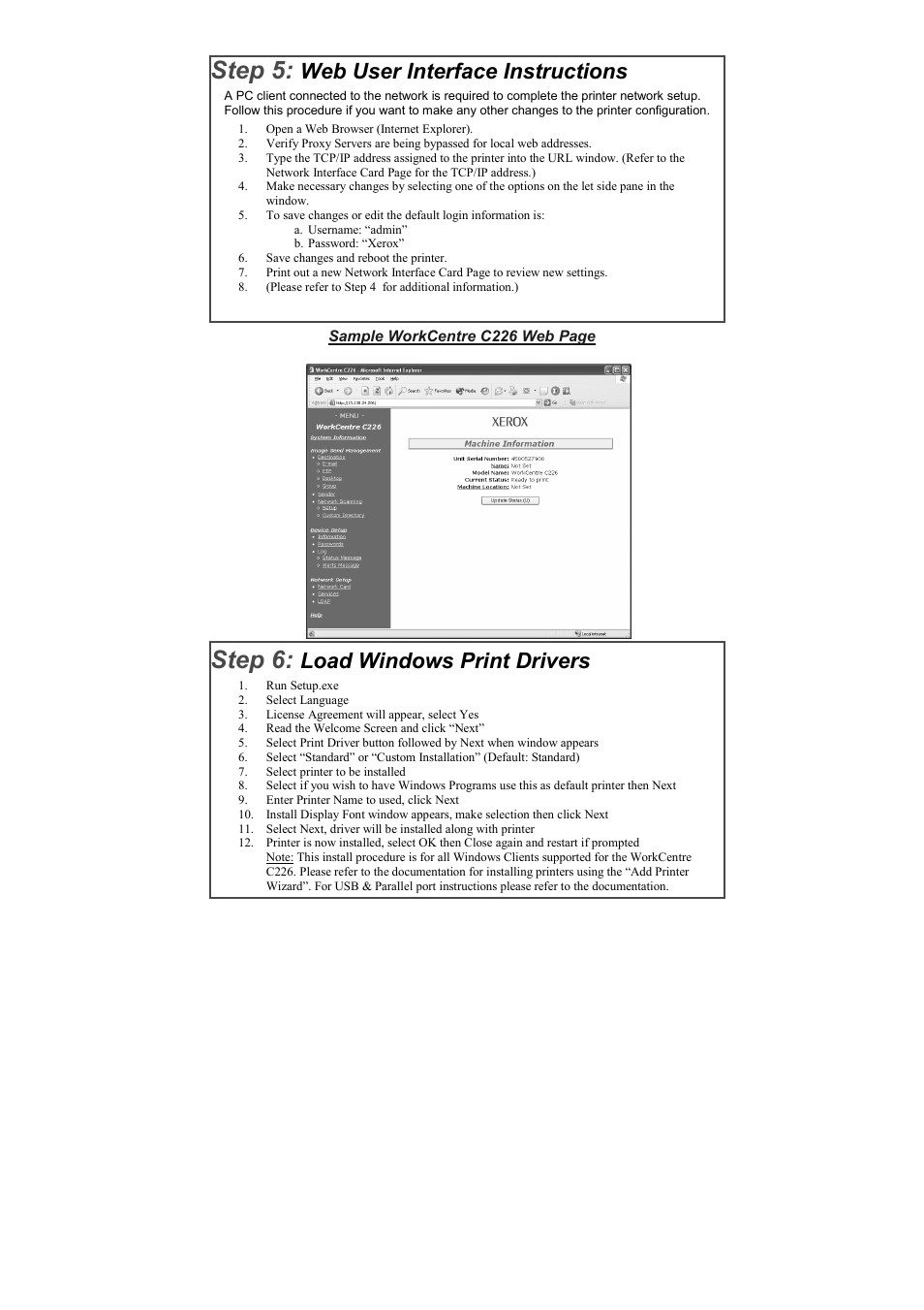 Step 5, Step 6, Web user interface instructions | Load windows print drivers | Xerox WorkCentre C226-17905 User Manual | Page 3 / 18