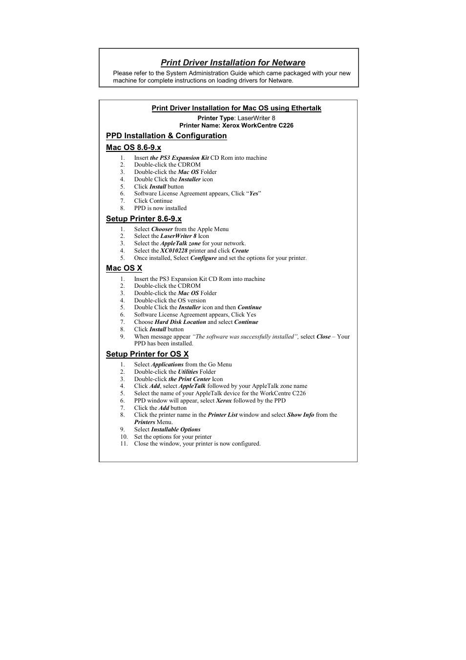 Print driver installation for netware | Xerox WorkCentre C226-17905 User Manual | Page 4 / 18