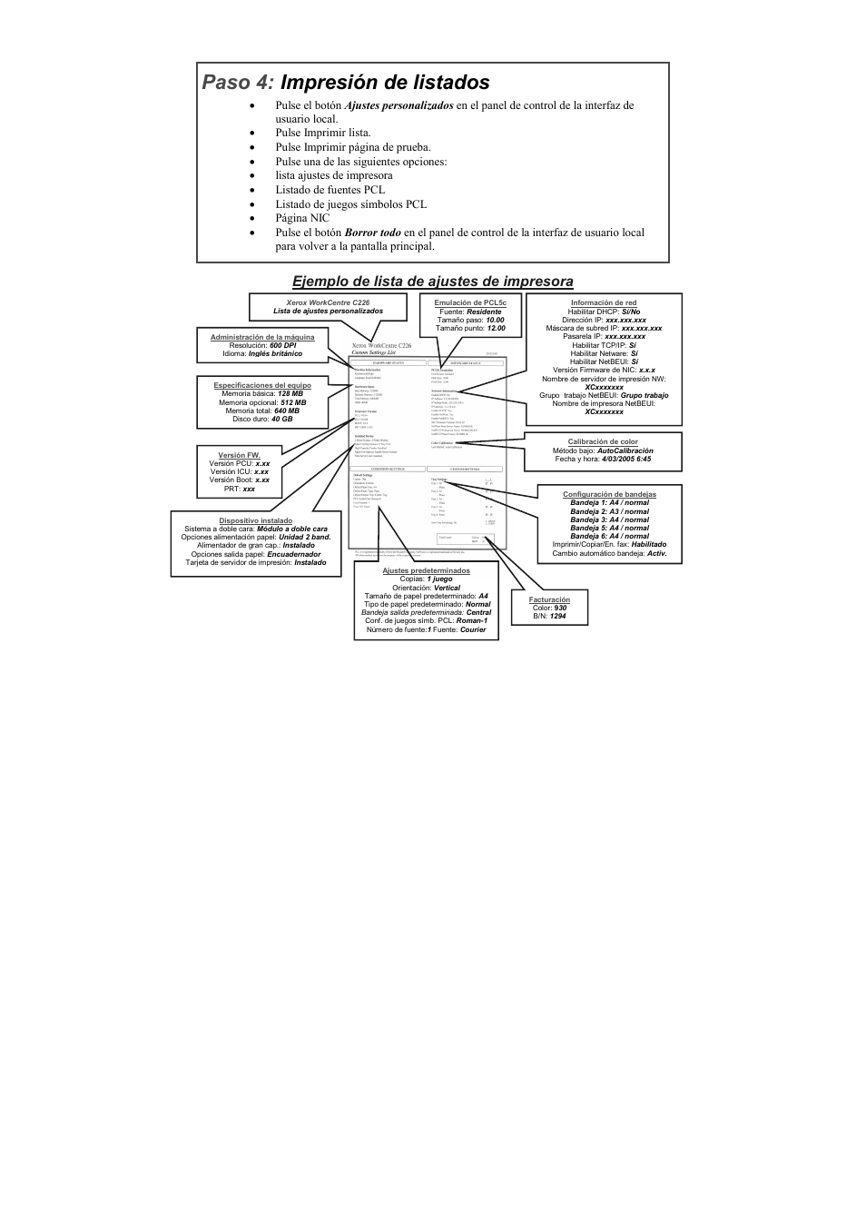 Paso 4, Impresión de listados, Ejemplo de lista de ajustes de impresora | Xerox WorkCentre C226-17905 User Manual | Page 7 / 18