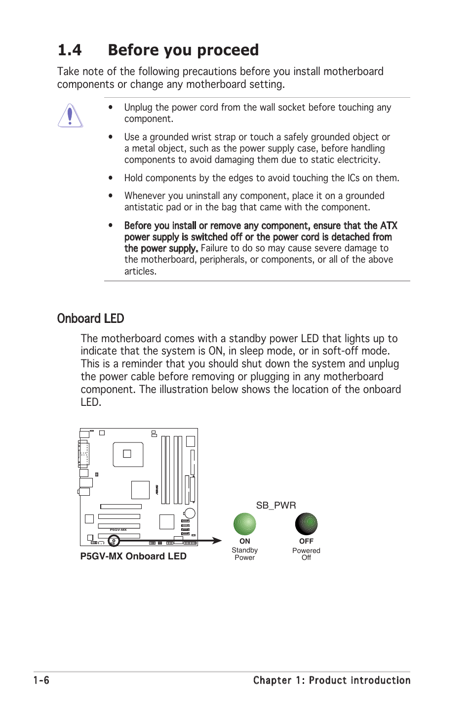 4 before you proceed, Onboard led | Asus P5GV-MX User Manual | Page 18 / 94