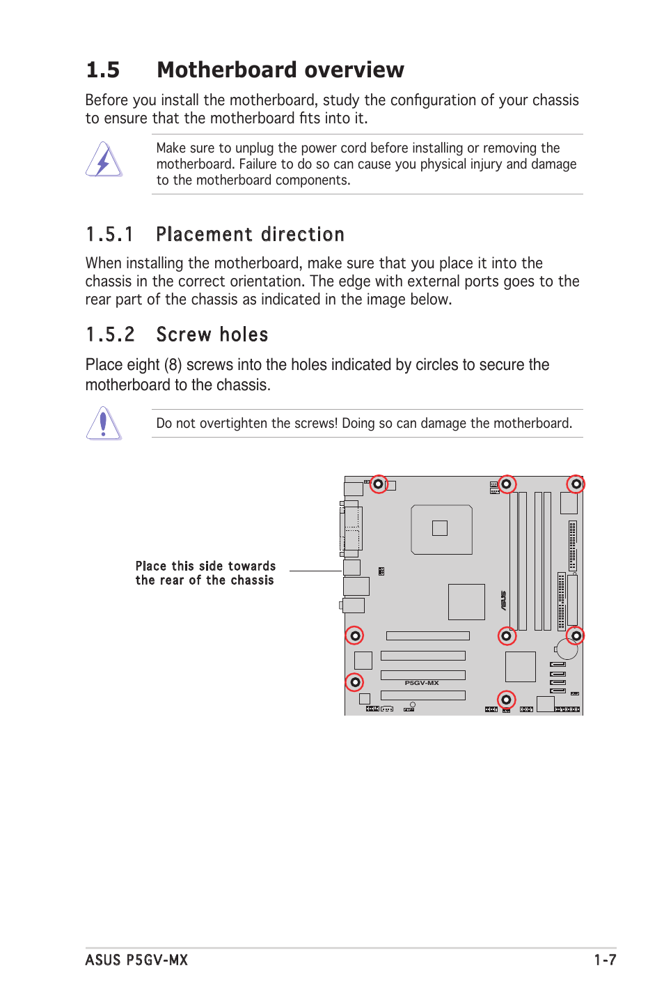 5 motherboard overview, 1 placement direction, 2 screw holes | Asus P5GV-MX User Manual | Page 19 / 94