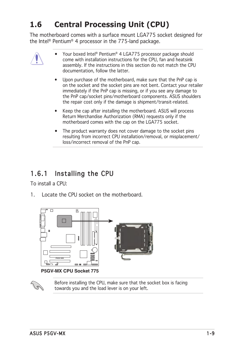 6 central processing unit (cpu), 1 installing the cpu | Asus P5GV-MX User Manual | Page 21 / 94