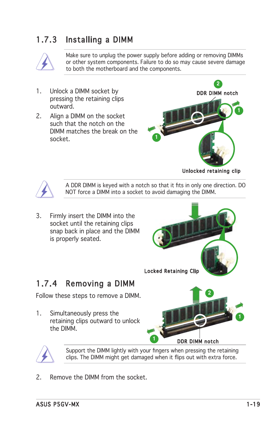 4 removing a dimm, 3 installing a dimm | Asus P5GV-MX User Manual | Page 31 / 94