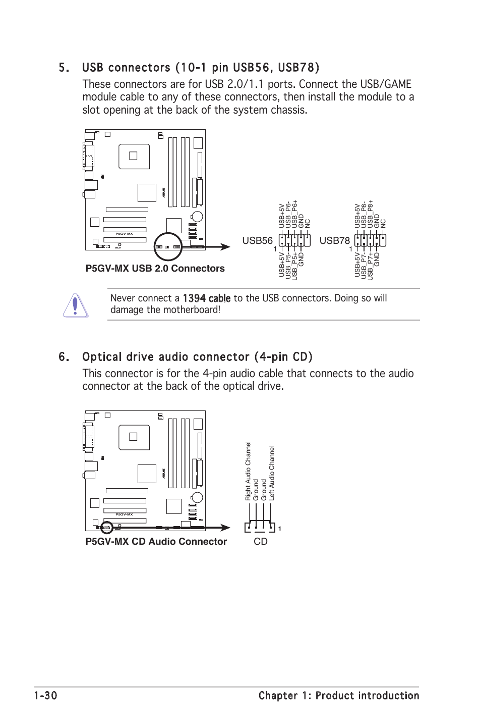 Usb78, P5gv-mx cd audio connector cd | Asus P5GV-MX User Manual | Page 42 / 94