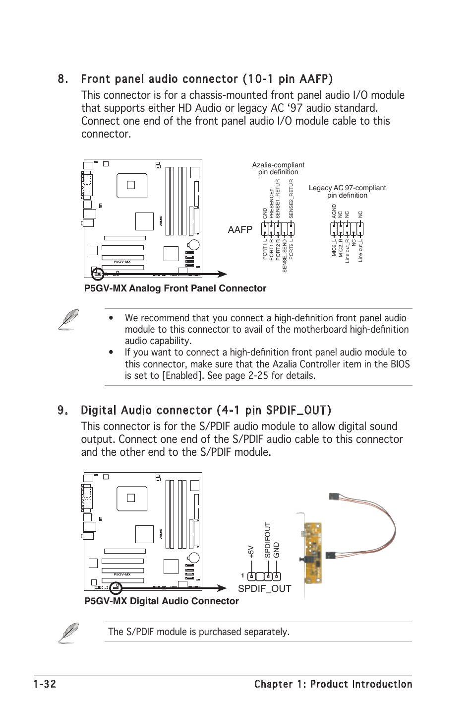 32 chapter 1: product introduction, The s/pdif module is purchased separately, P5gv-mx digital audio connector | Spdif_out, P5gv-mx analog front panel connector aafp | Asus P5GV-MX User Manual | Page 44 / 94