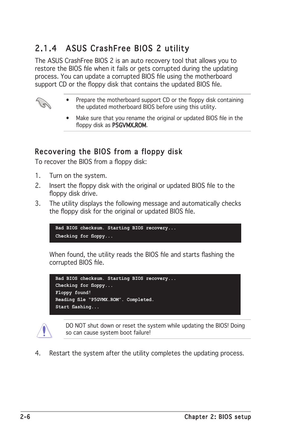 4 asus crashfree bios 2 utility, Recovering the bios from a floppy disk | Asus P5GV-MX User Manual | Page 52 / 94