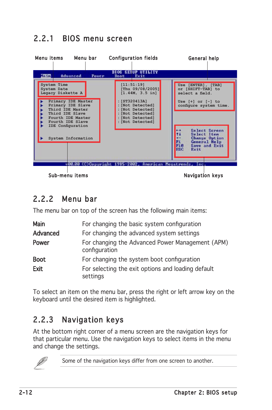 2 menu bar, 1 bios menu screen, 3 navigation keys | Asus P5GV-MX User Manual | Page 58 / 94