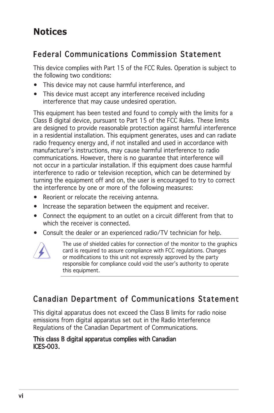 Notices, Federal communications commission statement, Canadian department of communications statement | Asus P5GV-MX User Manual | Page 6 / 94