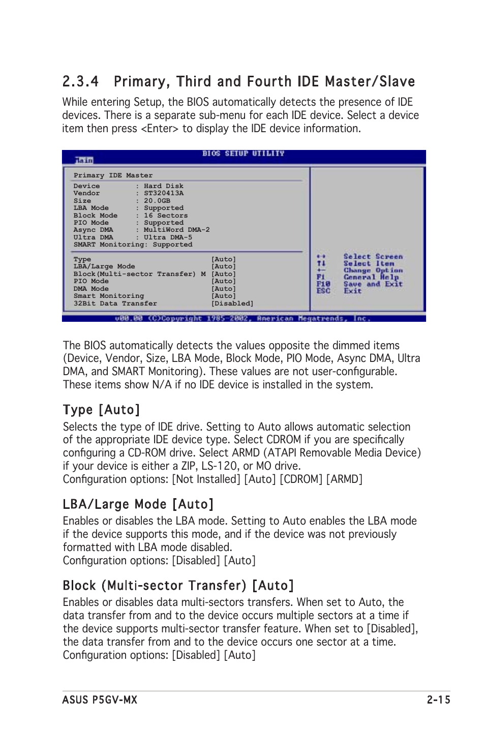 4 primary, third and fourth ide master/slave, Type [auto, Lba/large mode [auto | Block (multi-sector transfer) [auto | Asus P5GV-MX User Manual | Page 61 / 94