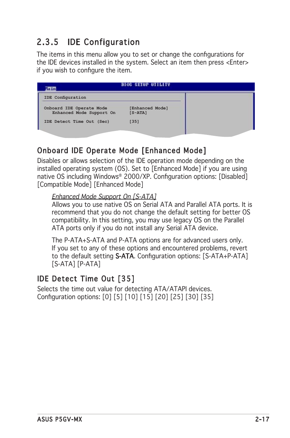 5 ide configuration, Onboard ide operate mode [enhanced mode, Ide detect time out [35 | Asus P5GV-MX User Manual | Page 63 / 94