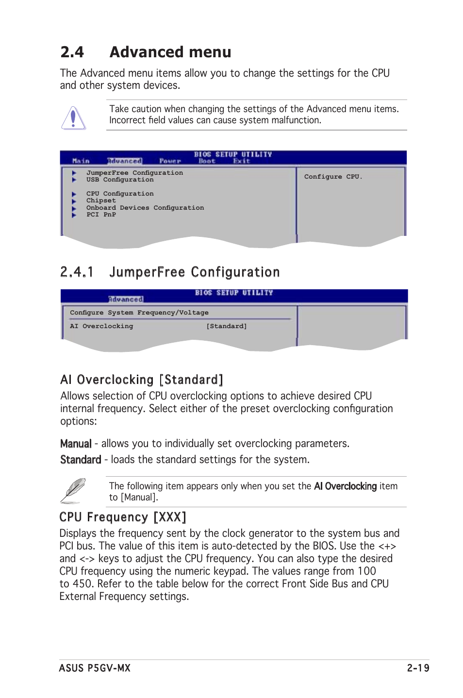 4 advanced menu, 1 jumperfree configuration, Ai overclocking [standard | Cpu frequency [xxx | Asus P5GV-MX User Manual | Page 65 / 94