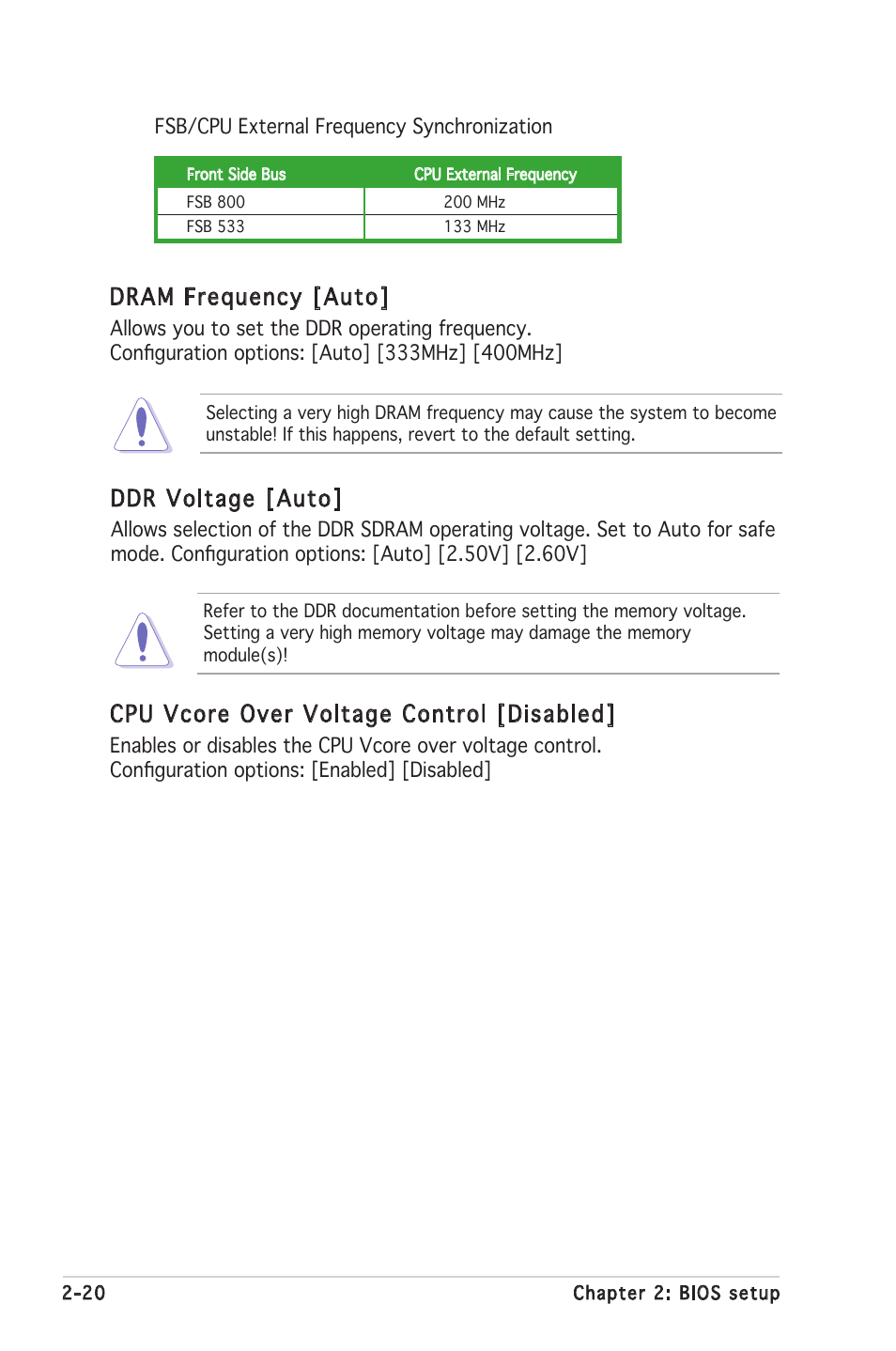 Ddr voltage [auto, Cpu vcore over voltage control [disabled, Dram frequency [auto | Asus P5GV-MX User Manual | Page 66 / 94