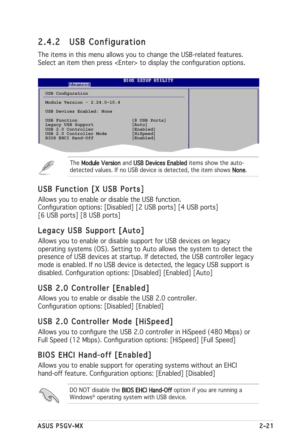 2 usb configuration, Usb function [x usb ports, Legacy usb support [auto | Usb 2.0 controller [enabled, Usb 2.0 controller mode [hispeed, Bios ehci hand-off [enabled | Asus P5GV-MX User Manual | Page 67 / 94