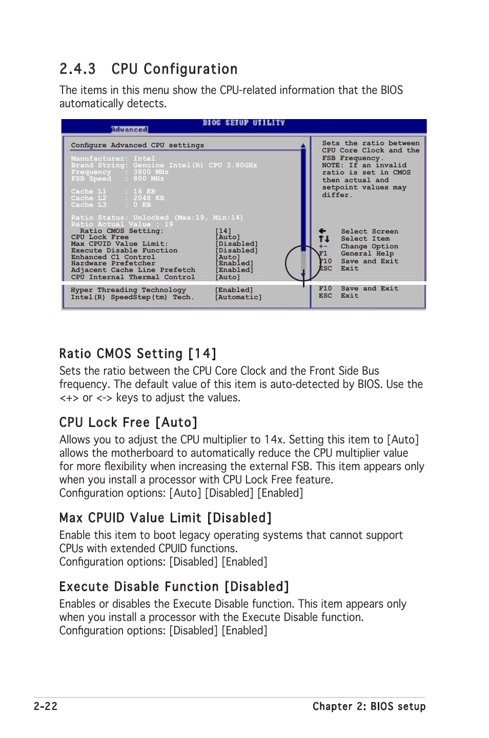 3 cpu configuration, Ratio cmos setting [14, Cpu lock free [auto | Max cpuid value limit [disabled, Execute disable function [disabled | Asus P5GV-MX User Manual | Page 68 / 94