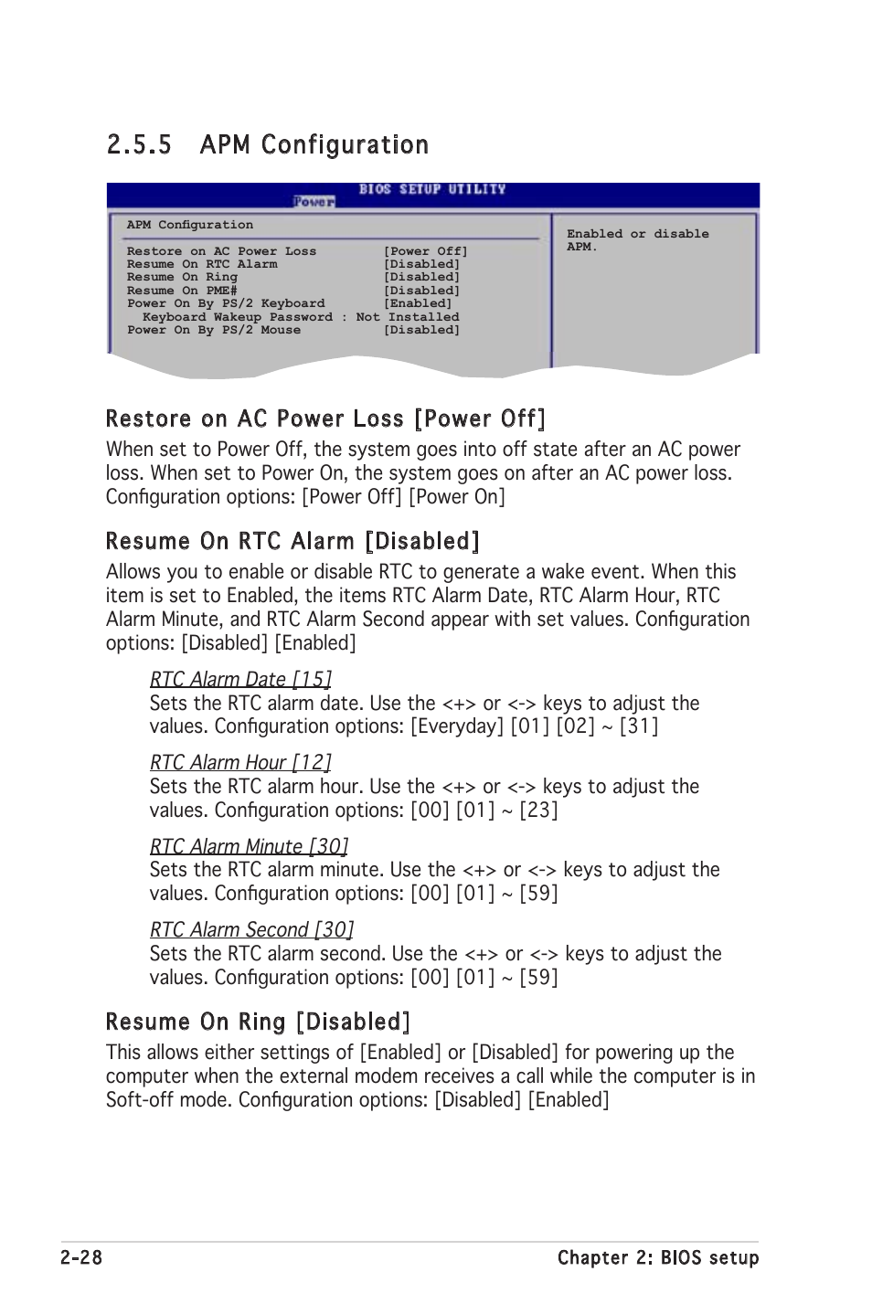 5 apm configuration, Restore on ac power loss [power off, Resume on rtc alarm [disabled | Resume on ring [disabled | Asus P5GV-MX User Manual | Page 74 / 94