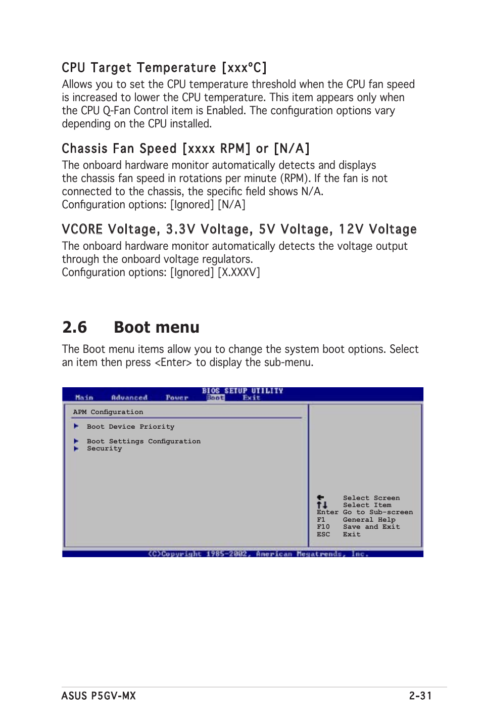 6 boot menu, Cpu target temperature [xxxºc | Asus P5GV-MX User Manual | Page 77 / 94