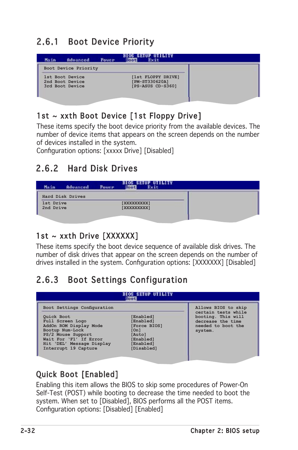 1 boot device priority, 3 boot settings configuration, 2 hard disk drives | 1st ~ xxth boot device [1st floppy drive, Quick boot [enabled | Asus P5GV-MX User Manual | Page 78 / 94