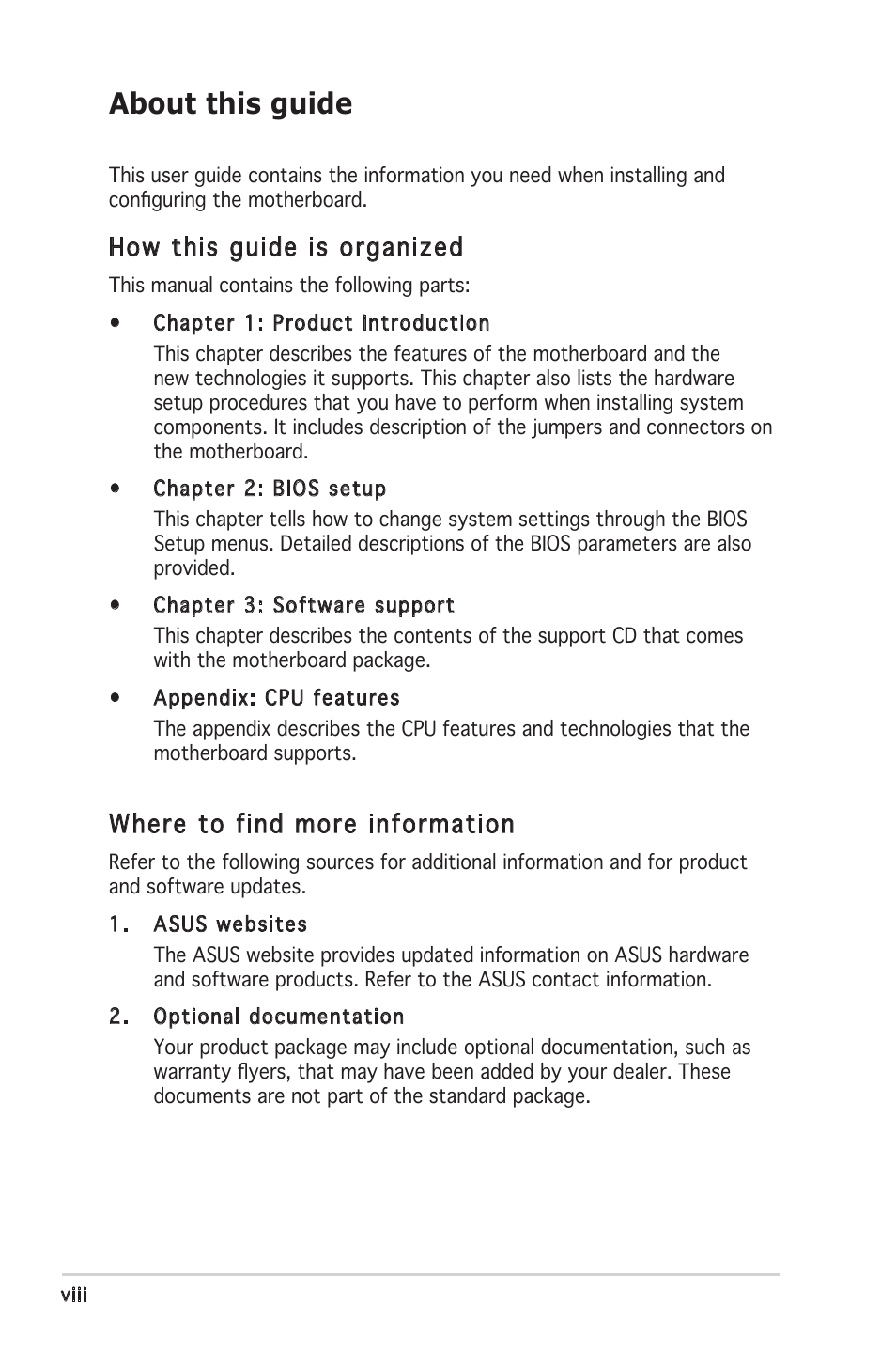 About this guide, How this guide is organized, Where to find more information | Asus P5GV-MX User Manual | Page 8 / 94