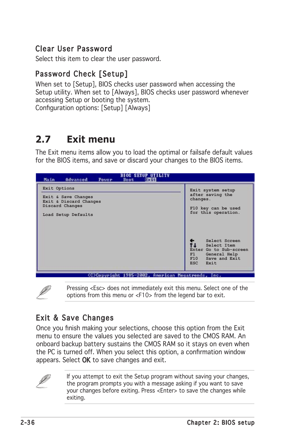 7 exit menu, Clear user password, Password check [setup | Exit & save changes | Asus P5GV-MX User Manual | Page 82 / 94