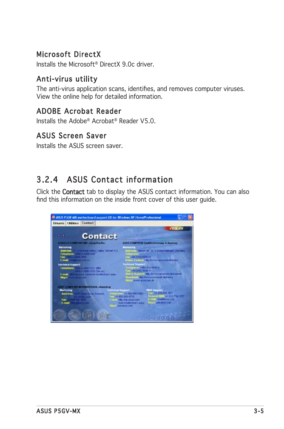 4 asus contact information, Microsoft directx, Anti-virus utility | Adobe acrobat reader, Asus screen saver | Asus P5GV-MX User Manual | Page 89 / 94