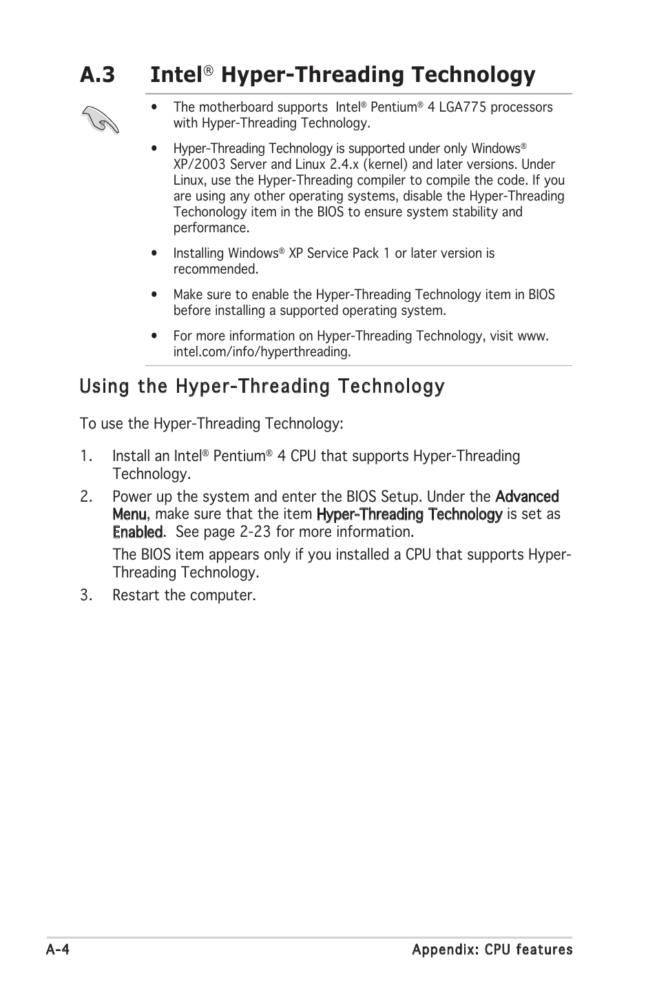 A.3 intel, Hyper-threading technology, Using the hyper-threading technology | Asus P5GV-MX User Manual | Page 94 / 94