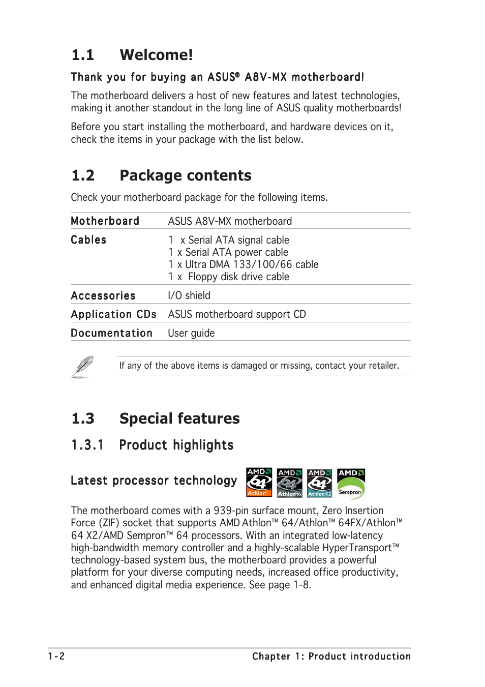 1 welcome, 2 package contents, 3 special features | Asus Motherboard A8V-MX User Manual | Page 12 / 90