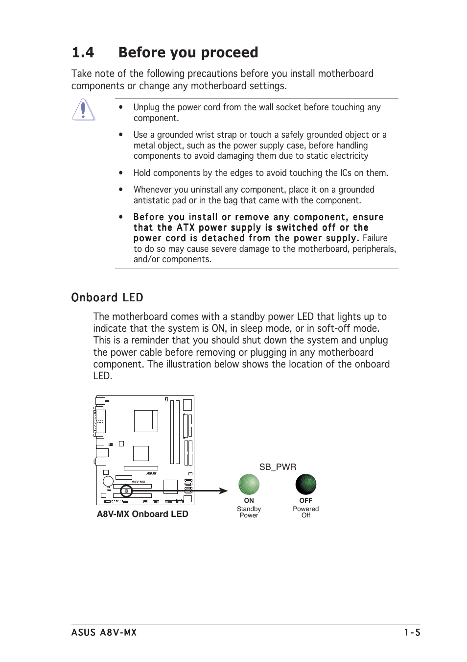 4 before you proceed, Onboard led | Asus Motherboard A8V-MX User Manual | Page 15 / 90