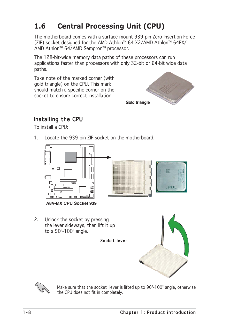 6 central processing unit (cpu), Installing the cpu | Asus Motherboard A8V-MX User Manual | Page 18 / 90