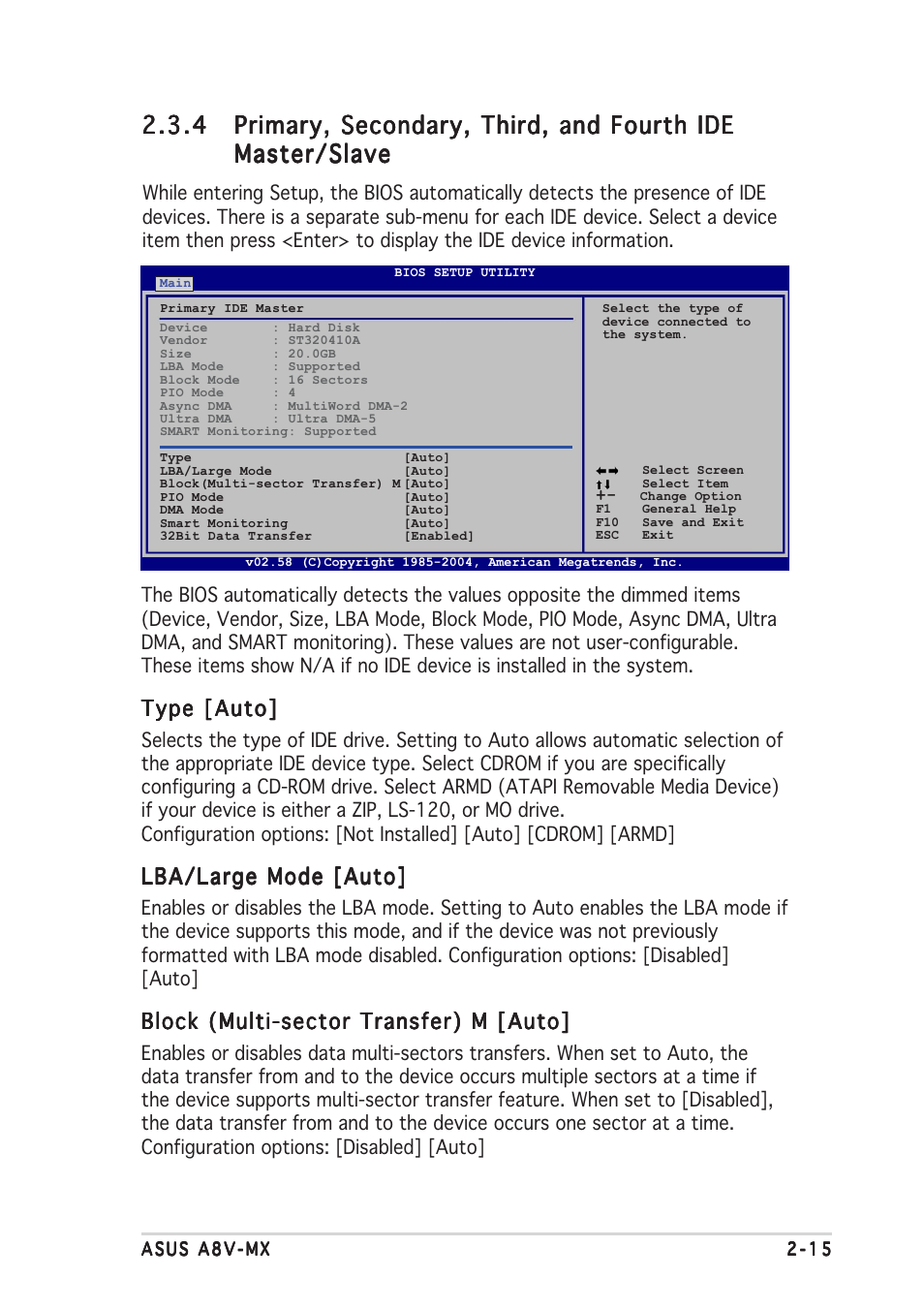 Type [auto, Lba/large mode [auto, Block (multi-sector transfer) m [auto | Asus Motherboard A8V-MX User Manual | Page 57 / 90