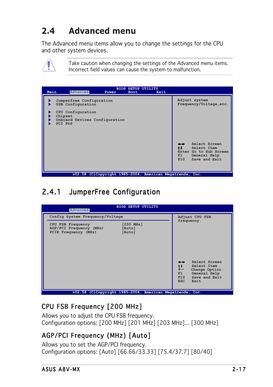 4 advanced menu, Cpu fsb frequency [200 mhz, Agp/pci frequency (mhz) [auto | Asus Motherboard A8V-MX User Manual | Page 59 / 90