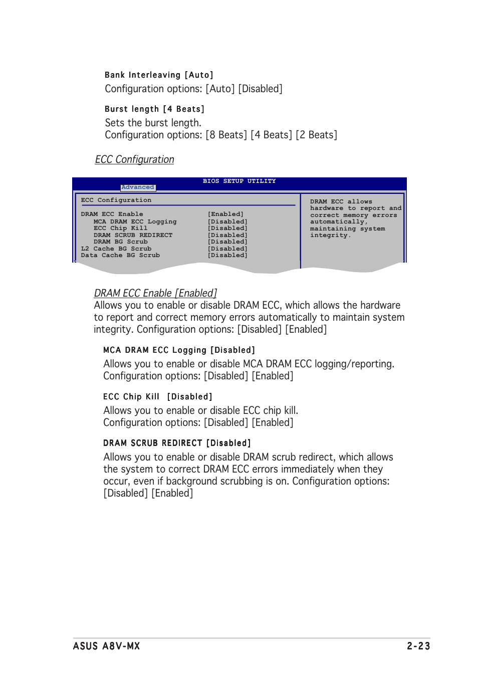 Ecc configuration, Configuration options: [auto] [disabled | Asus Motherboard A8V-MX User Manual | Page 65 / 90