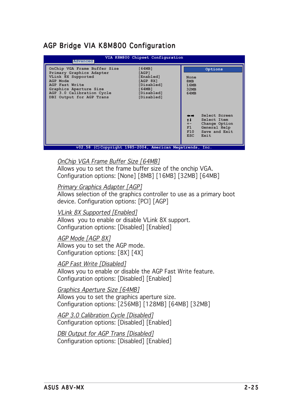 Agp bridge via k8m800 configuration | Asus Motherboard A8V-MX User Manual | Page 67 / 90