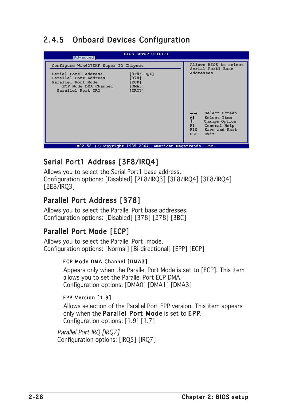 Serial port1 address [3f8/irq4, Parallel port address [378, Parallel port mode [ecp | Asus Motherboard A8V-MX User Manual | Page 70 / 90