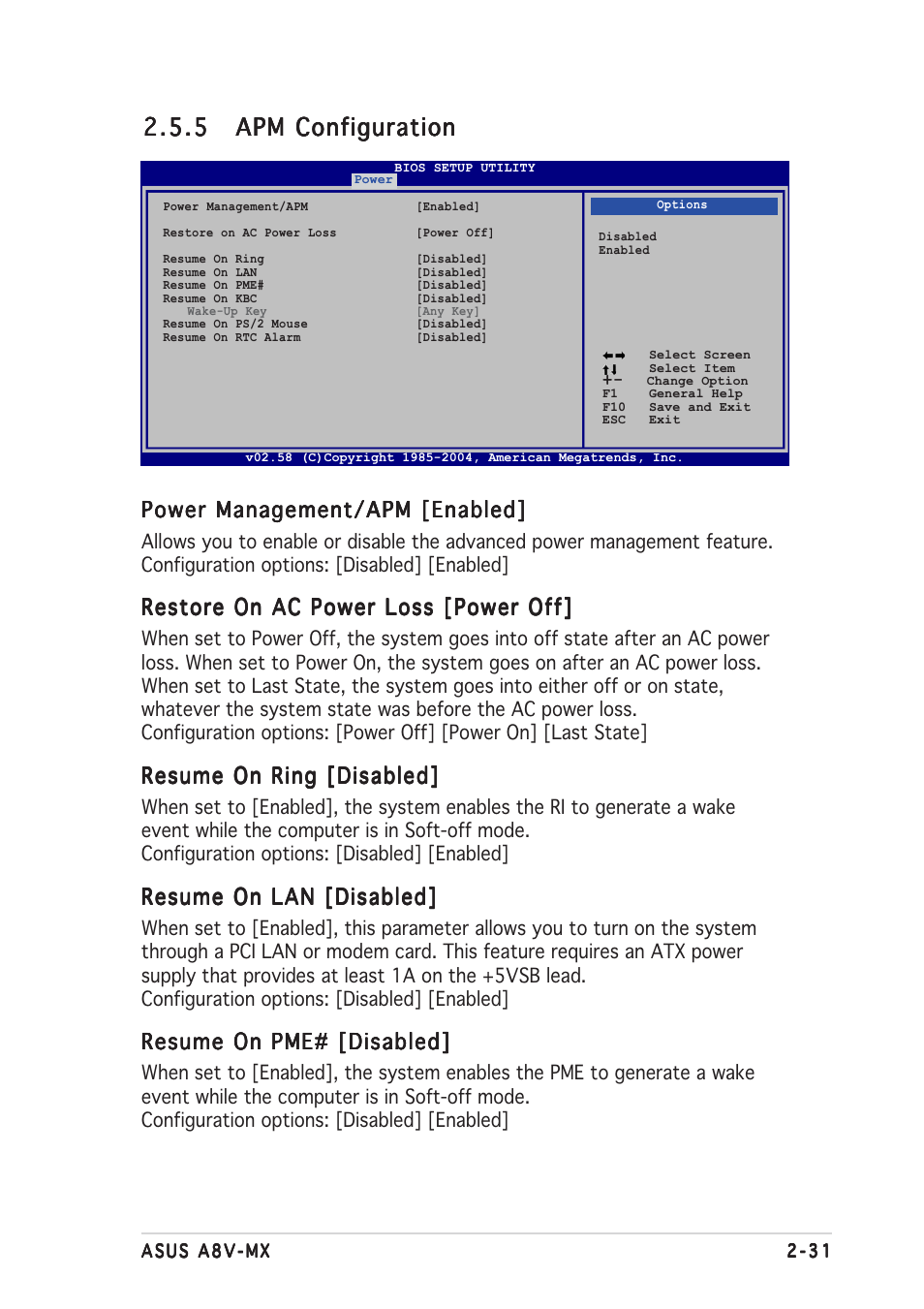 Power management/apm [enabled, Restore on ac power loss [power off, Resume on ring [disabled | Resume on lan [disabled, Resume on pme# [disabled | Asus Motherboard A8V-MX User Manual | Page 73 / 90