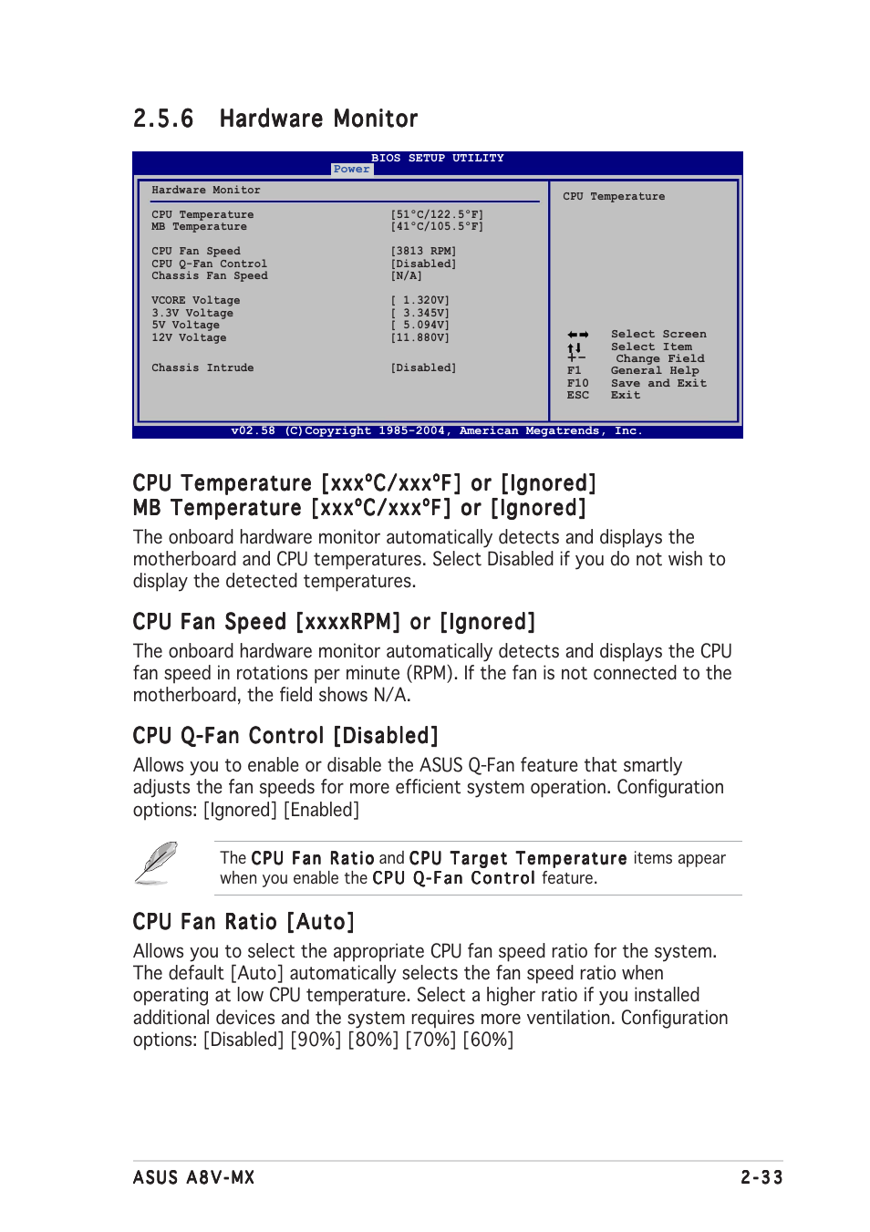 Cpu temperature [xxxºc/xxxºf] or [ignored, Cpu q-fan control [disabled, Cpu fan ratio [auto | Asus Motherboard A8V-MX User Manual | Page 75 / 90