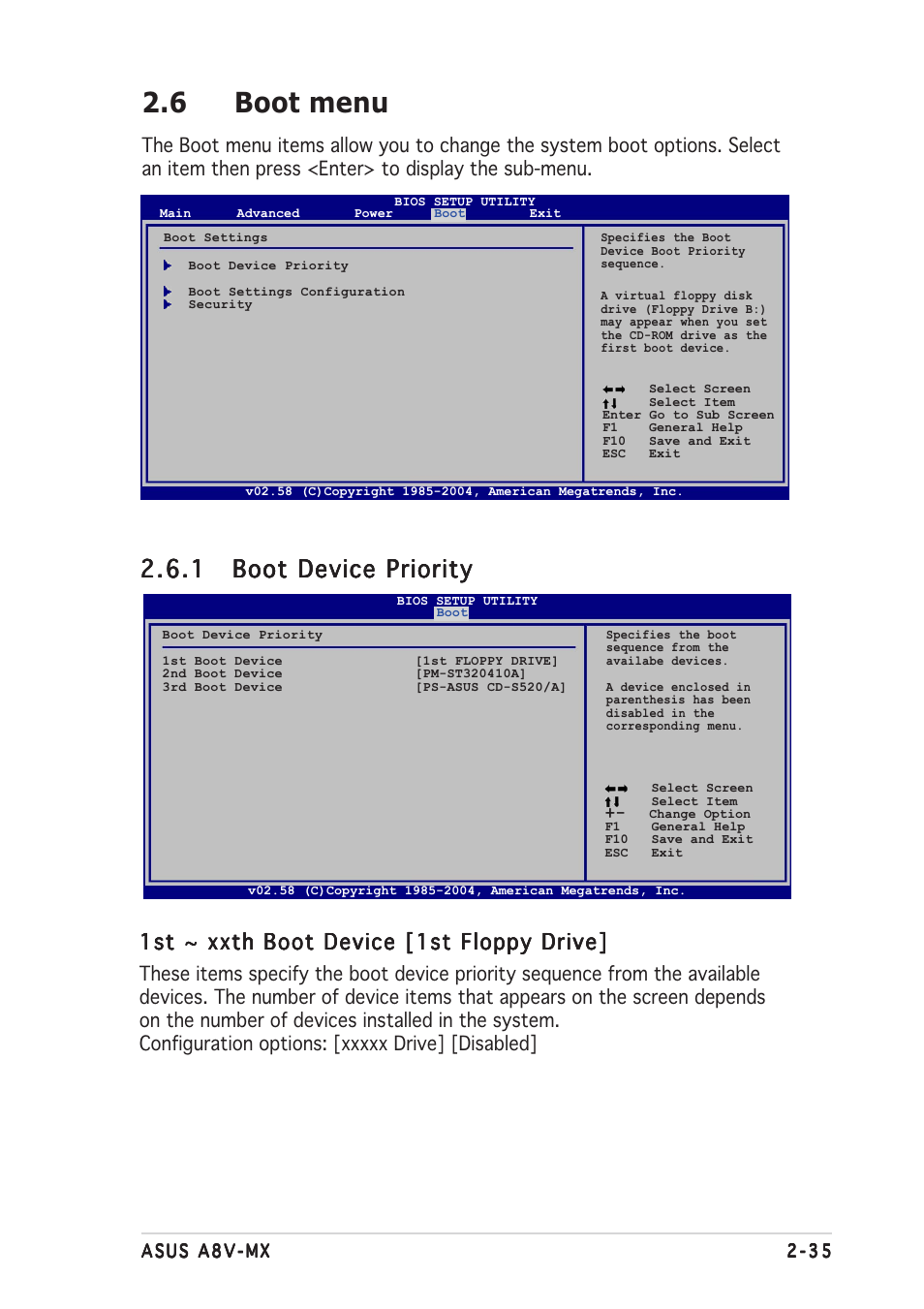 6 boot menu, 1st ~ xxth boot device [1st floppy drive | Asus Motherboard A8V-MX User Manual | Page 77 / 90