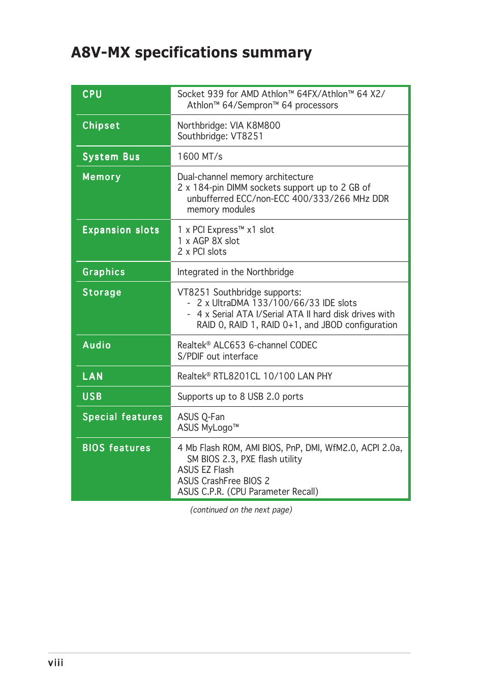 A8v-mx specifications summary | Asus Motherboard A8V-MX User Manual | Page 8 / 90