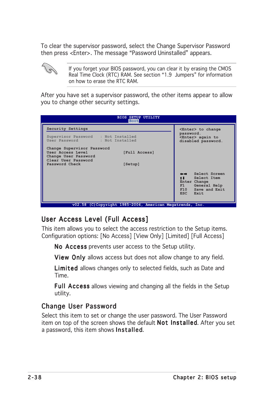 User access level (full access, Change user password | Asus Motherboard A8V-MX User Manual | Page 80 / 90