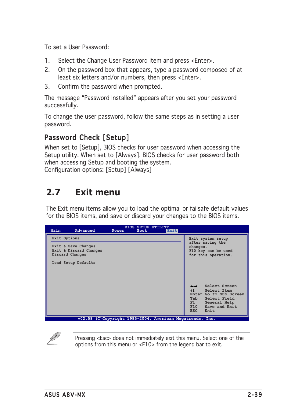 7 exit menu, Password check [setup | Asus Motherboard A8V-MX User Manual | Page 81 / 90