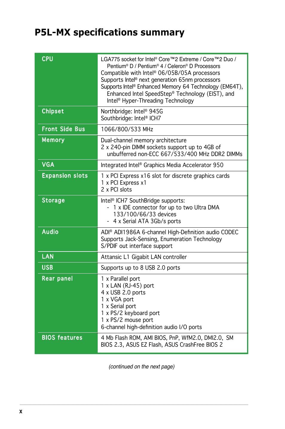 P5l-mx specifications summary | Asus P5L-MX User Manual | Page 10 / 96