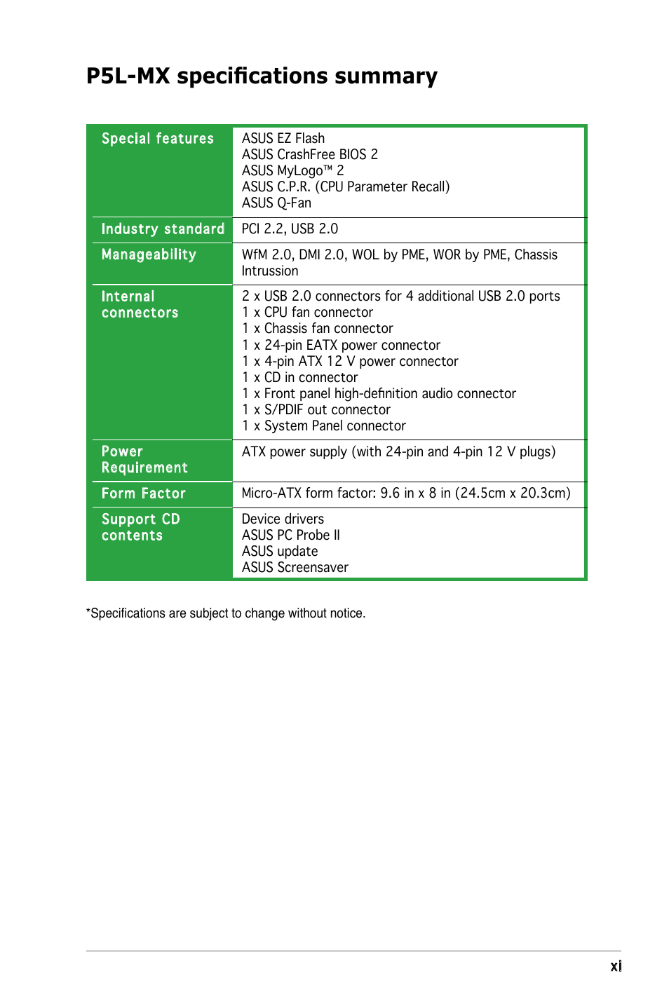 P5l-mx specifications summary | Asus P5L-MX User Manual | Page 11 / 96